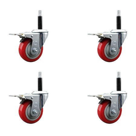 Service Caster 3.5'' SS Red Poly Swivel 3/4'' Expanding Stem Caster Set Total Lock Brake, 4PK SCC-SSEXTTL20S3514-PPUB-RED-34-4